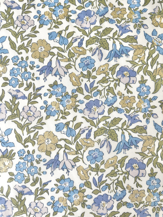 Liberty stof  "Mamie Blå-grøn" Blomstret bomuldsmetervare Tana Lawn.