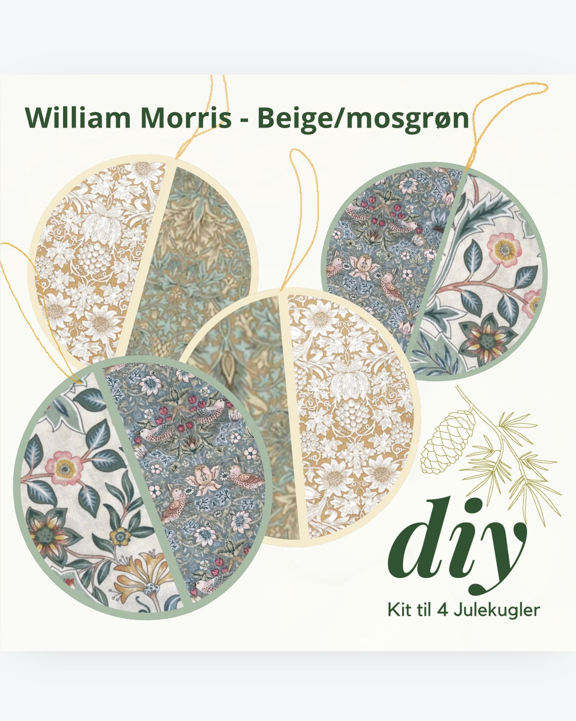 Diy-kit: 4 stk. Julekugle: William Morris Beige/mosgrøn