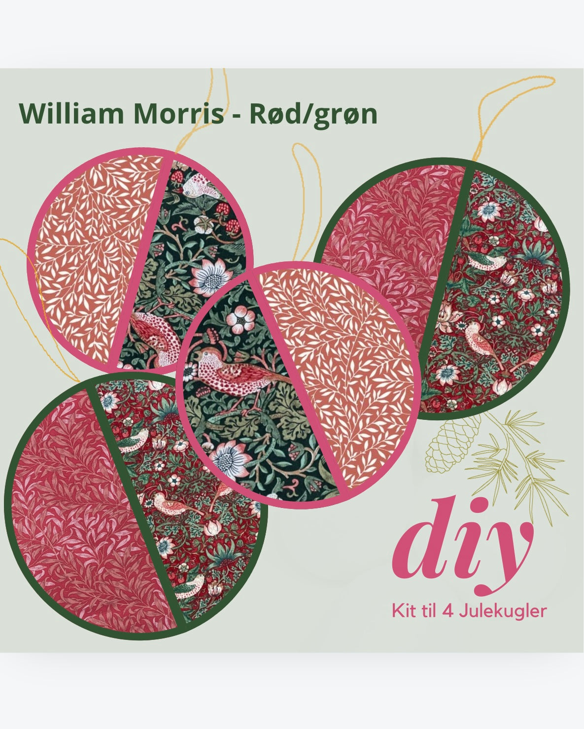 DIY kit: 4 pcs. Christmas bauble: William Morris Red/green