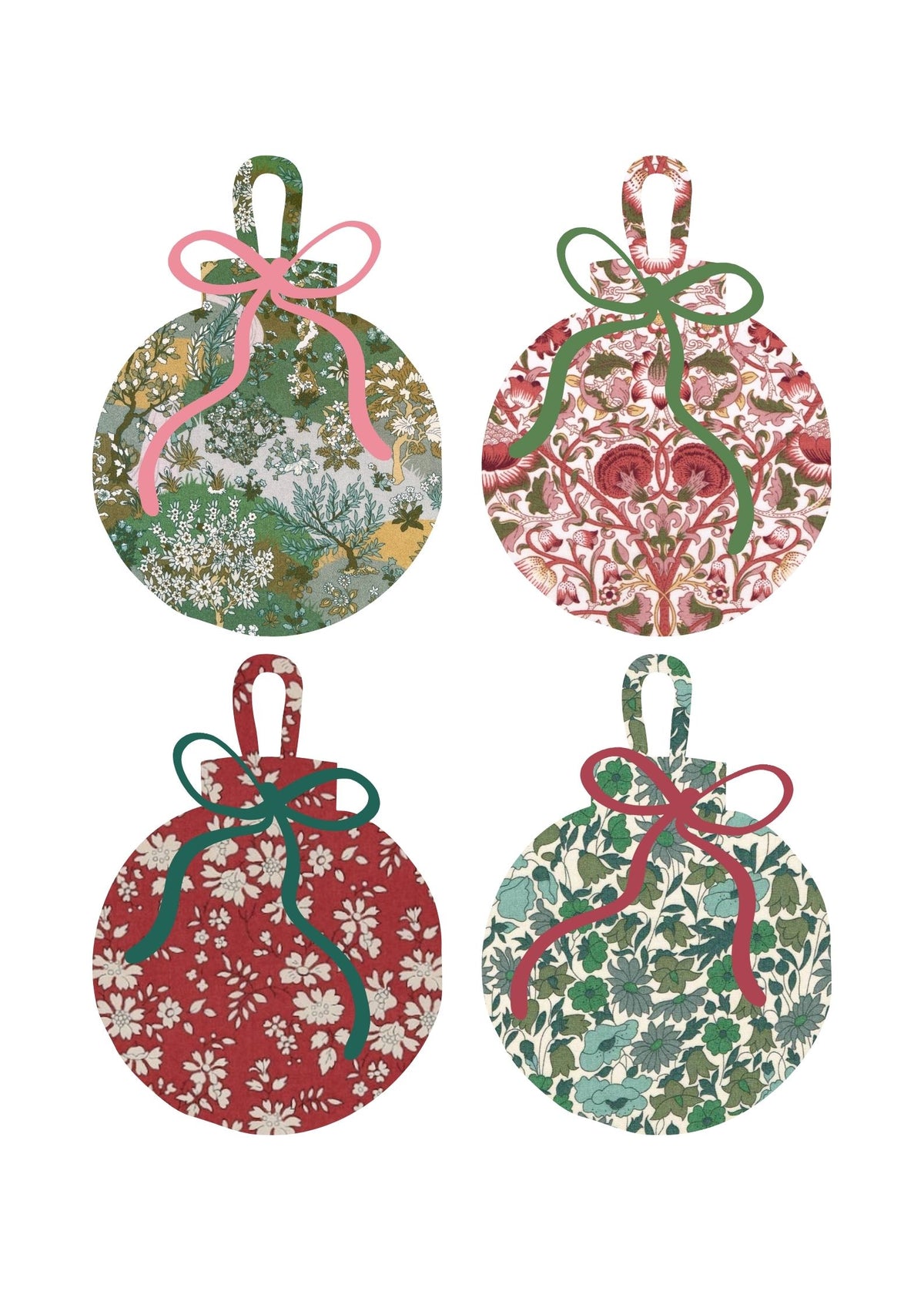 Diy-kit: 4 stk. Decoupage julekugle: Liberty Rød/grøn
