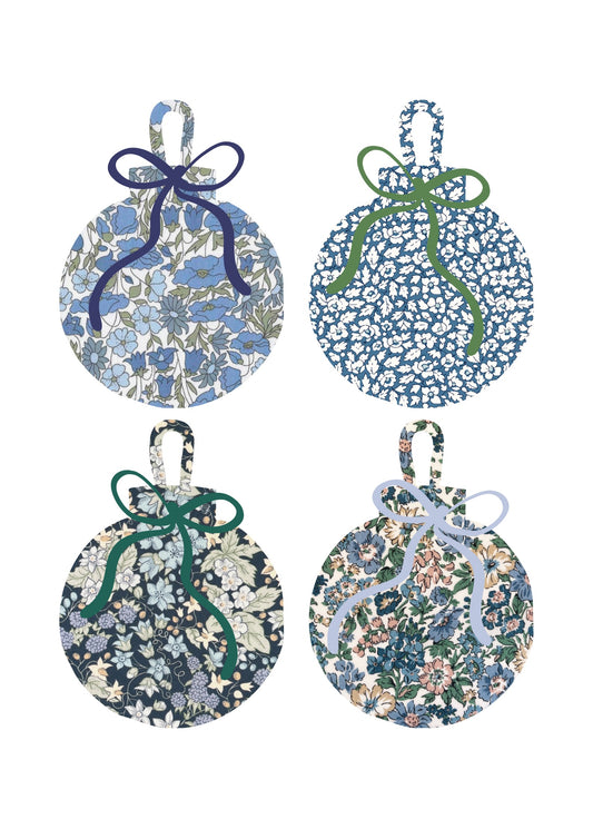 Diy-kit: 4 stk. Decoupage julekugle: Liberty Blå/grøn