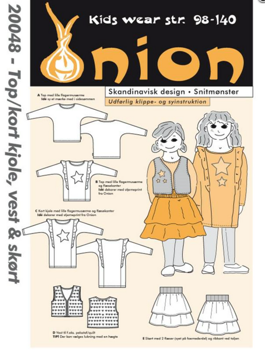 ONION 20048 – Top, Kort kjole, vest og skørt (Str 89-140)